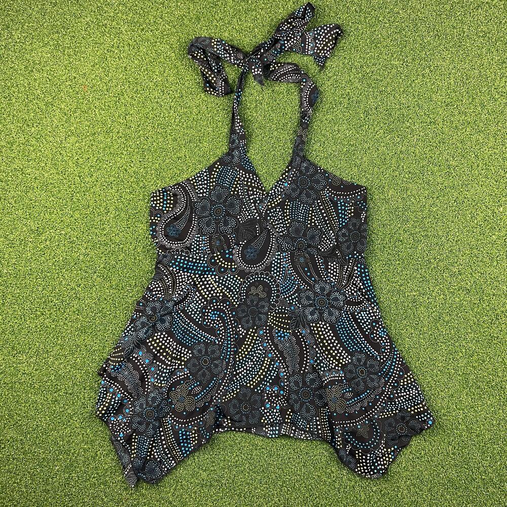 Vintage 2000s Y2K Julie's Closet Black & Blue Paisley Polka Dot Halter Sz M